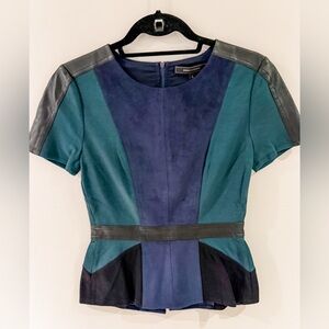 BCBGMaxAzria Blue and Teal Colorblock top with faux leather detail